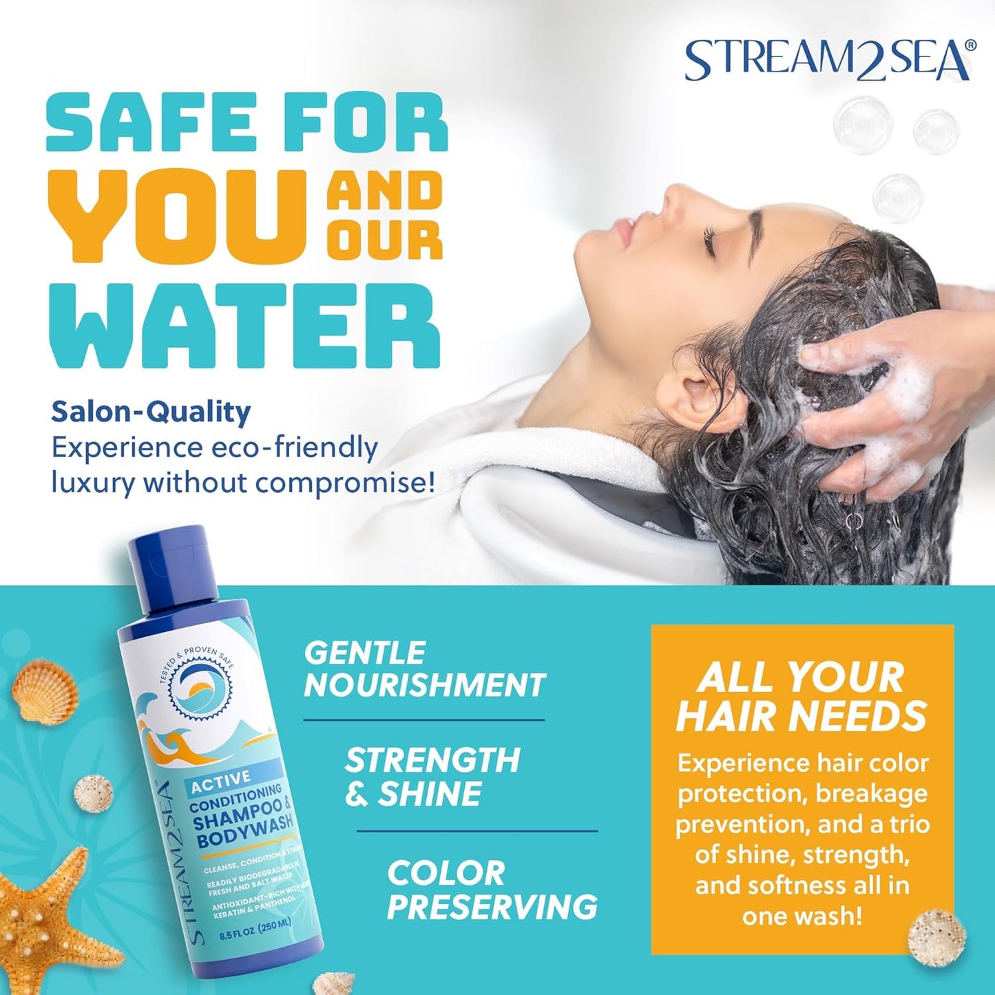 STREAM 2 SEA Shampoo & Conditioner | 3-in-1 Reef Safe Body Wash for Swimmers - 8.5 Fl Oz
