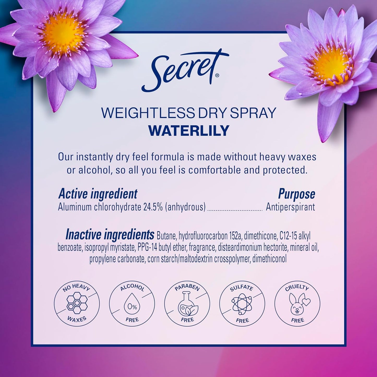 Secret Antiperspirant Deodorant Spray for Women - 48HR Weightless Sweat & Odor Protection | Waterlily & Argan Oil, 4.1 oz (Pack of 3)
