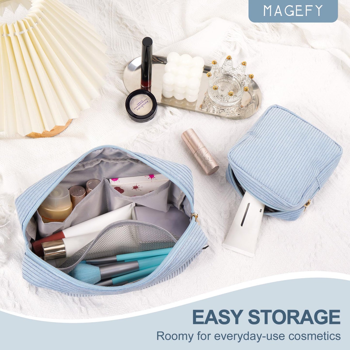 MAGEFY Makeup Bag for Purse, 2 Pcs Corduroy Cosmetic Bag for Girls Women Small Travel Makeup Pouch with Zipper(Blue)