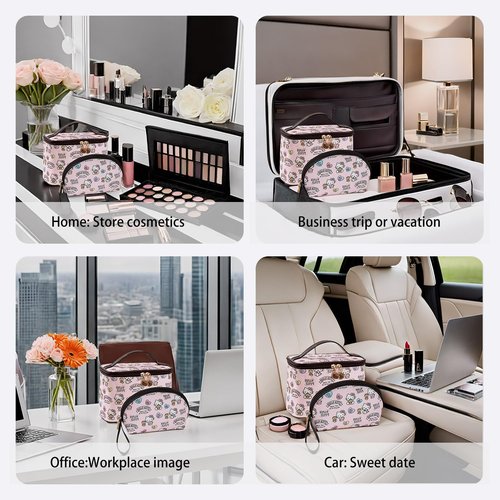 AmBealla Makeup Bag 2PCS with Large Handle Travel Cube Cosmetic Bags Brush Holder Cute Organizer Suitable for Purse for Women (01 Sweet Bear 2PCS)