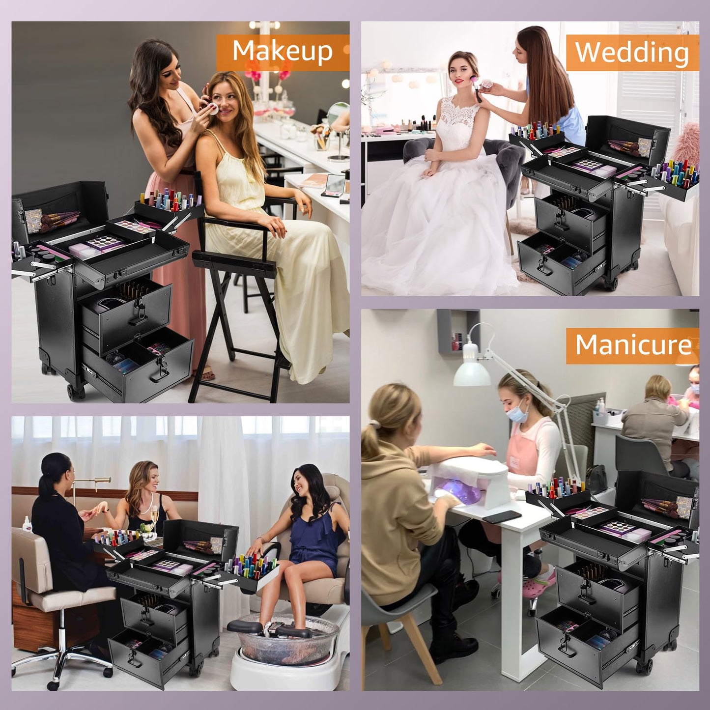 Yokilly Rolling Makeup Train Case, Professional Cosmetology Case on Wheels, Aluminum Cosmetic Trolley Travelling Cart Trunk with Swivel Wheels, Sliding Drawer & Keys for Nail Technician Stylist(Black)