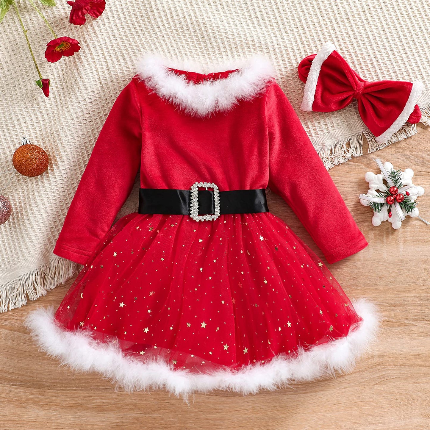 Baby Girls Christmas Dress Velvet Santa Claus Romper Dress Long Sleeve Plush Xmas Princess Party Cosplay Costume Dress (A-Red, 12-18 Months)