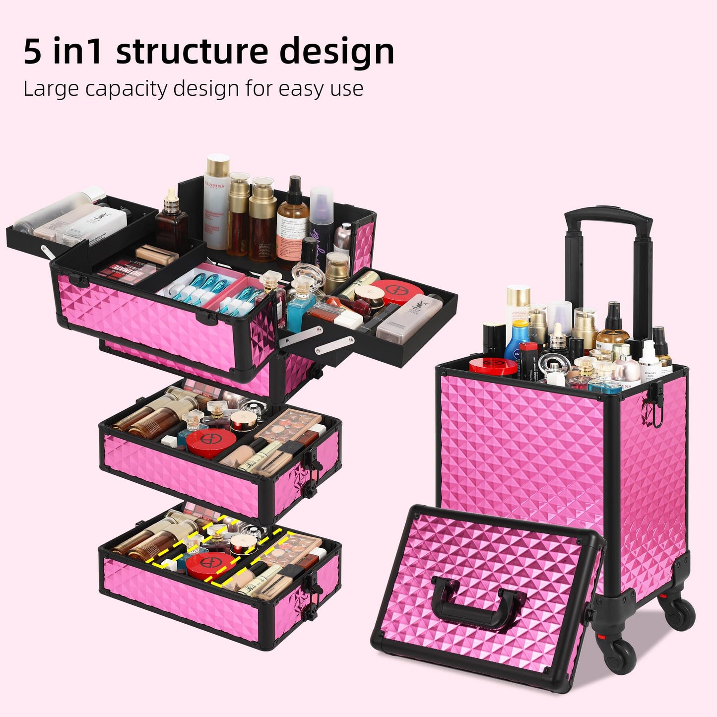 Somduy Rolling Makeup Case, Makeup Train Case with Lid, 5 in 1 Cosmetology Case on Wheels, Christmas Gift, Large Makeup Case Organizers, Profesional Cosmetic Case for Salon Barber, Rose Red