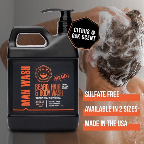 GIBS Grooming - 3-in-1 Man Wash Soap - Citrus Oak Basil Scent | Sulfate-Free, Tea Tree & Hemp Oil