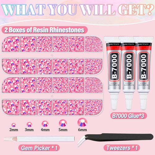 Resin Rhinestones for Crafting with 3Pcs 10ml B7000 Jewelry Glue, 2 Boxes Pink AB Flatback Gems Crystals Diamond for Bedazzling Crafts DIY Nail Art Makeup,Gems for Clothing Tumblers Shoes