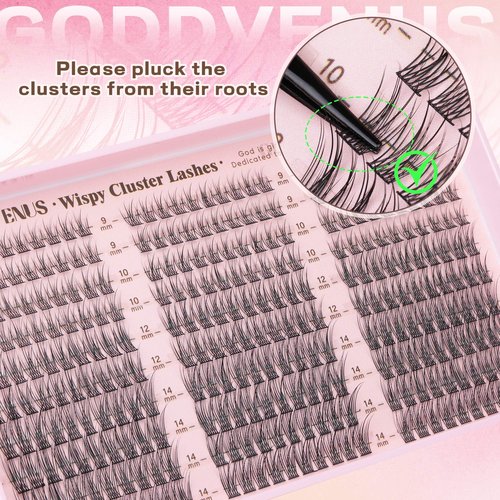 Goddvenus Lash Clusters Kit 9-14mm Wispy Eyelash Clusters Lashes Natural DIY Lash Extension Kit Short Cluster Eyelash Extensions Kit 300pcs C Curl Individual Lashes Cluster Eyelash (With Tweezers)