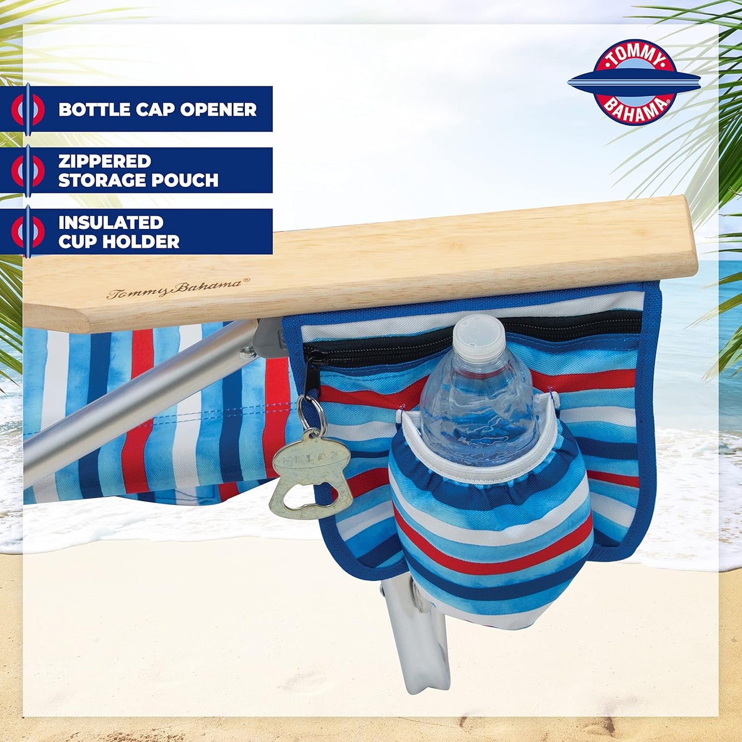 Tommy Bahama Folding Beach Chair - 5-Position Lay Flat Design | Aluminum Frame, Red, White & Blue Stripe