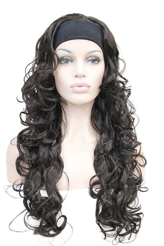 Wiginway 26 inch Long Curly Dark Brown Hair Premium Synthetic Women's Wig 3/4 Half Wig with Black Headband