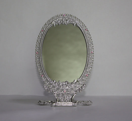 SEHAMANO Vintage Antique Foldable Embossed Roses & Small Hearts Pattern Makeup Table Mirror, Decorative Oval Shaped Mirror, Antique Vanity Cosmetic Double Sided Metal Frame Mirror (Shiny Silver)