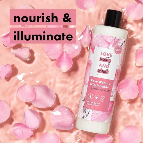 Love Beauty and Planet Body Wash - Nourishing Rose Water & Niacinamide, 100% Biodegradable, 20 fl oz
