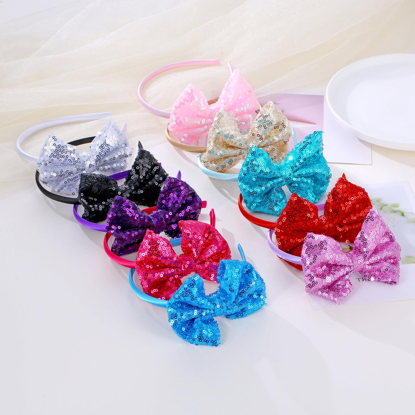 Kiszu Sparkly Sequin Hair Bow Headbands Fashion Glitter Cute Boutique Ribbon Bows for Girls, Kids, and Women (Sliver,Gold)