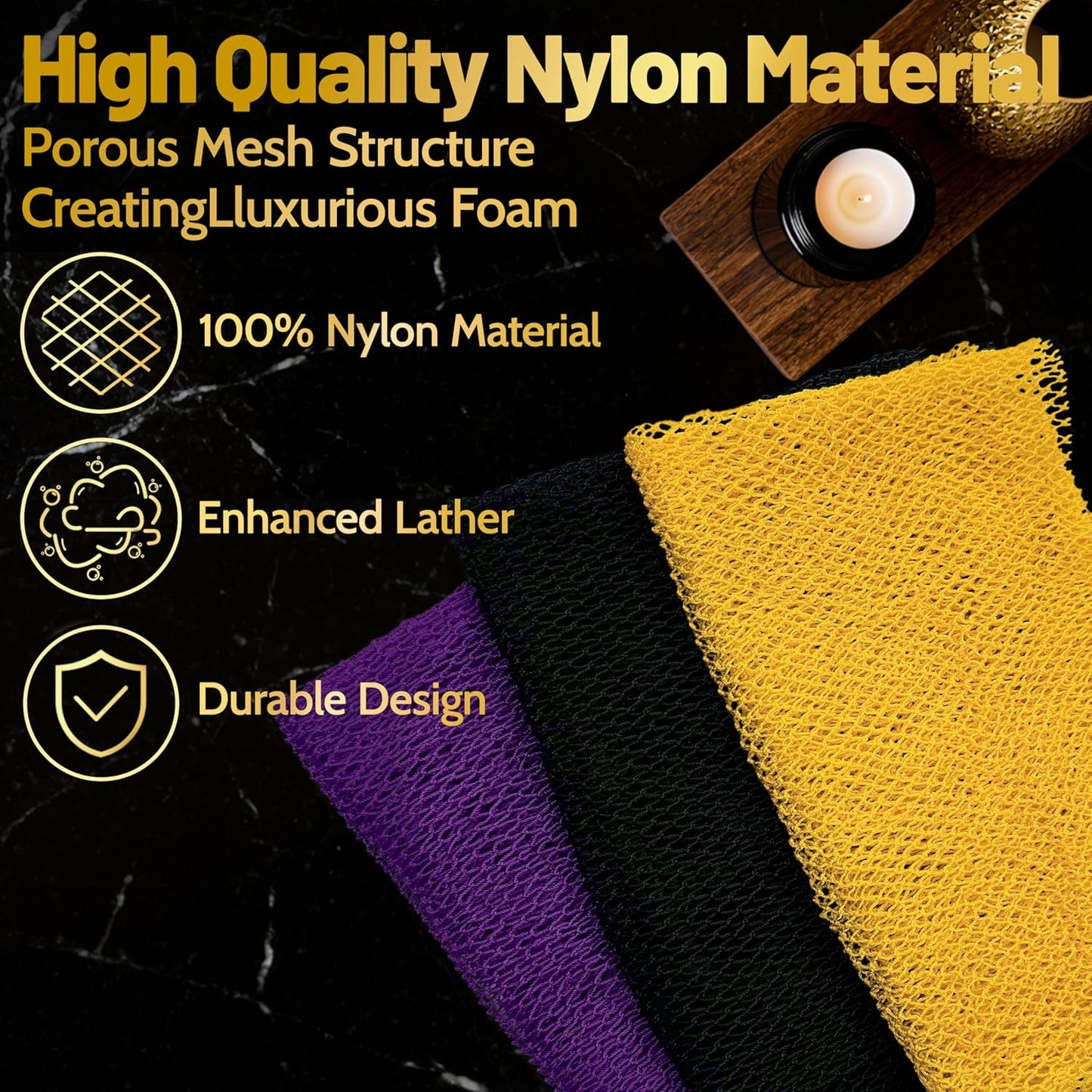 Skiennix African Net Sponge - 3-Pack Exfoliating Loofah Body Scrubber | Black, Yellow, Purple