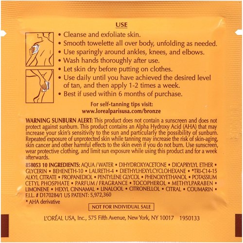 L'Oreal Paris Sublime Bronze Self Tanning Towelettes - Streak-Free Natural Tan, 6 Count