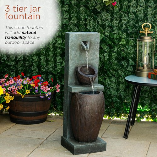 Alpine Corporation 32" 3-Tier Jar Fountain - Elegant Outdoor Water Feature with LED Lights for Garden & Patio