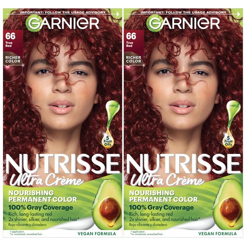 Garnier Nutrisse Ultra Crème Hair Color, Permanent Hair Dye with 100% Gray Coverage, Vegan & Cruelty-Free, 66 True Red (Pomegranate), 2 Count