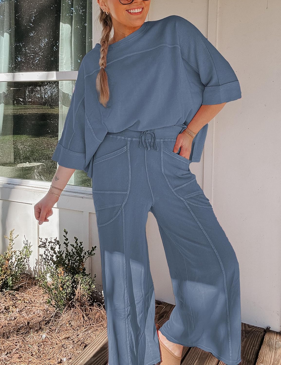 Skiennix Women's 2-Piece Lounge Set - Oversized Sweatshirt & Wide Leg Pants | Casual Travel Outfit