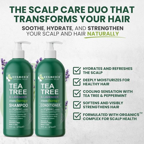 KESMEDIK Tea Tree Lavender Shampoo & Conditioner Set - Soothes Dry Scalp, Sulfate-Free, 16 fl oz Each