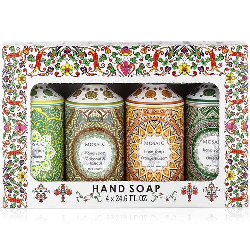 Mosaic Liquid Hand Soap Gift Set - Olive Oil, Coconut & Hibiscus, Gardenia, Orange Blossom | 4 x 24.6 Fl Oz Bottles