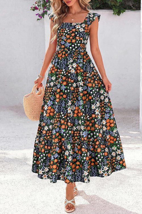 Dowerme Women's Floral Boho Midi Dress - Ruffle Sleeve, Square Neck, Perfect for Spring Beach Parties