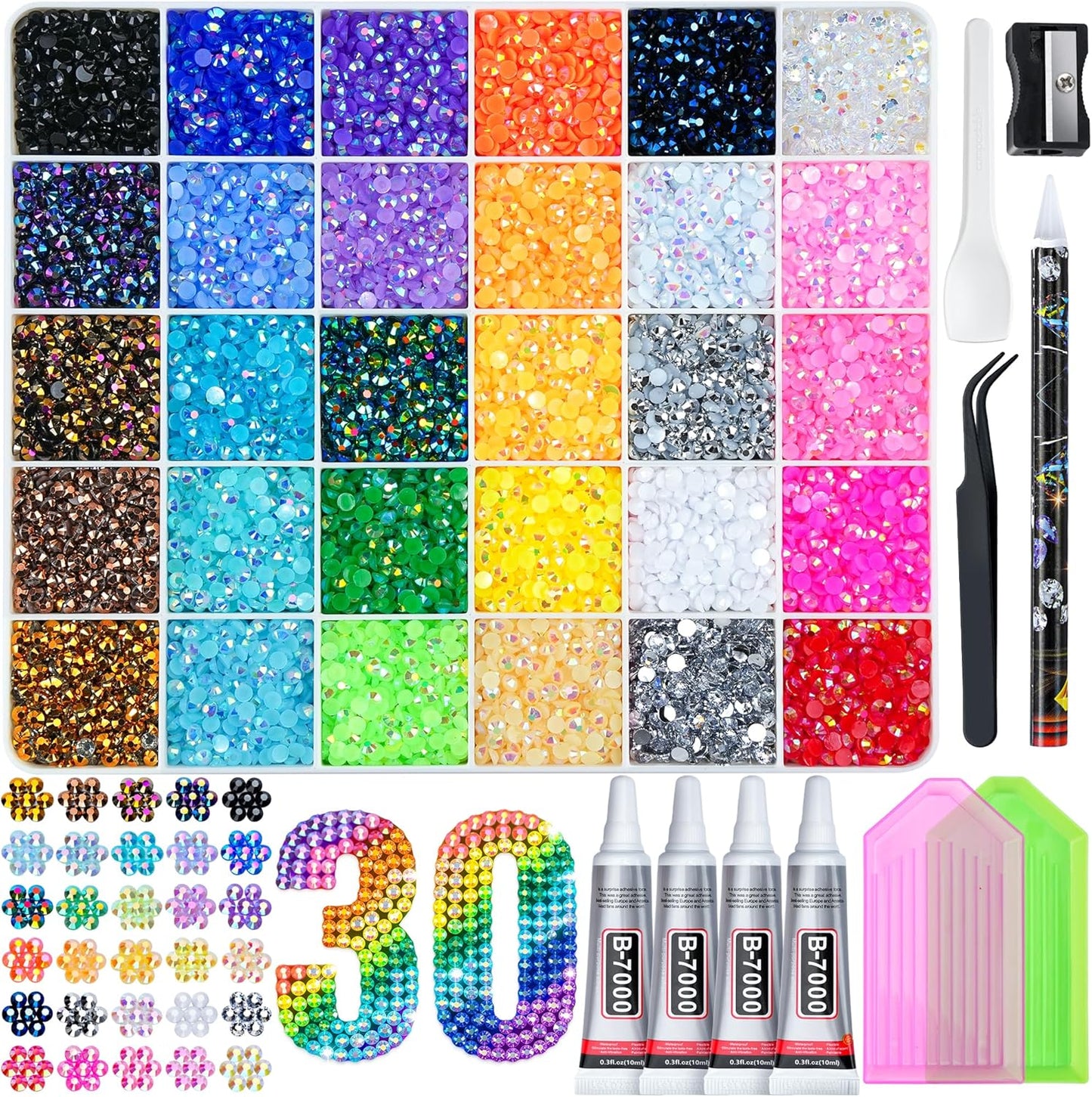 40000 Pcs Resin Jelly Rhinestones Kit, 30 Colors 3mm Flatback Rhinestones with 4 Pcs B7000 Jewelry Glue & Tools, All-in-One Bedazzling Kit for DIY Arts & Crafts Gifts