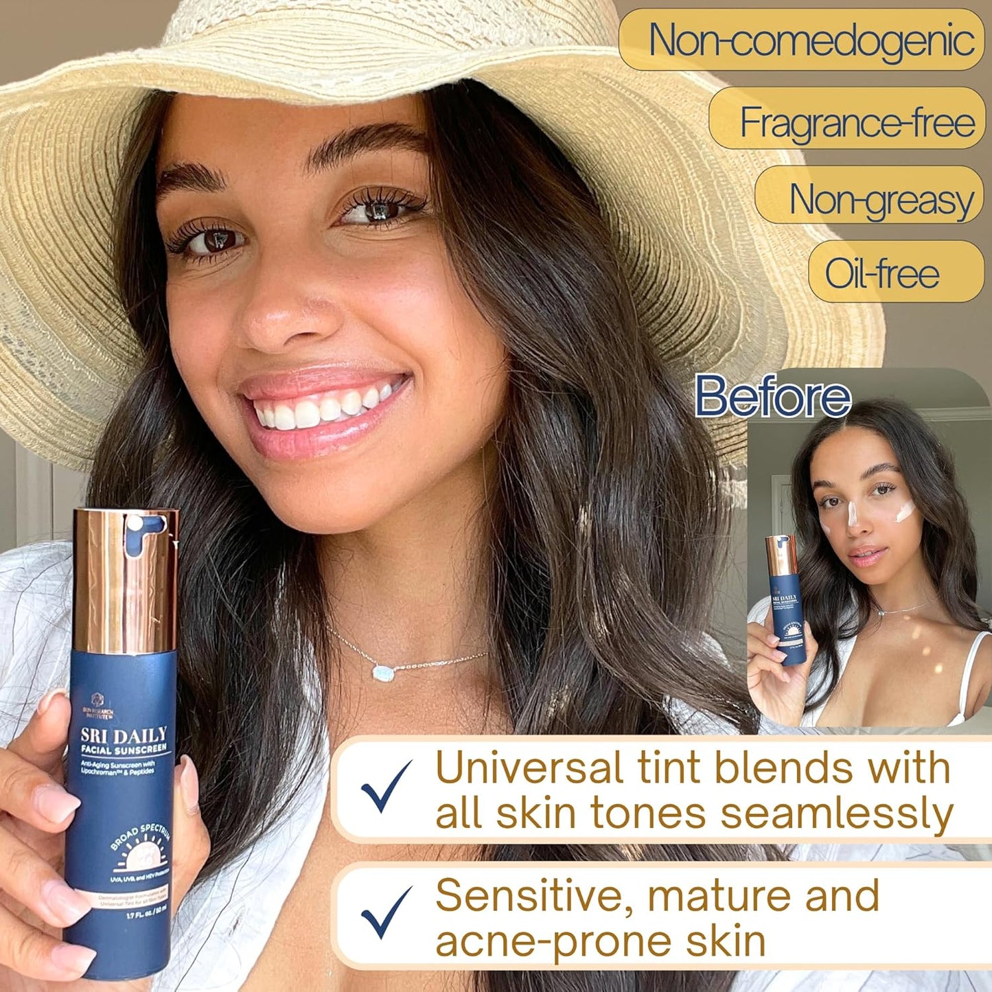 SRILabs Daily Facial Sunscreen - SPF 40 Anti-Aging Formula with Lipochroman & Peptides - 1.7 OZ