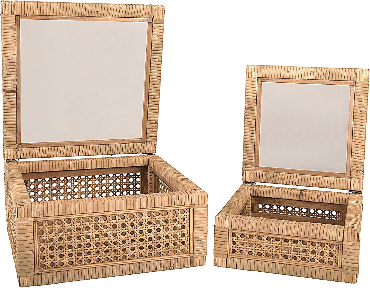 Creative Co-Op Decorative Woven Rattan & Wood Display Boxes - Set of 2 with Glass Top, Natural Finish
