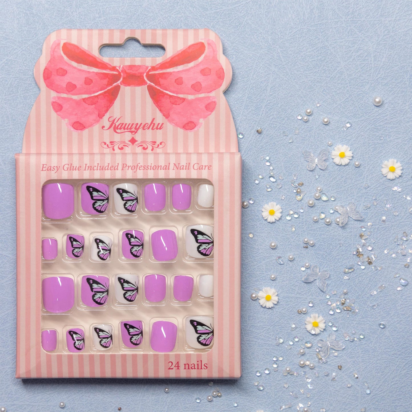 Kawyehu Kids Press on Nails Children Fake Nails Artificial Nail Tips Adhesive Full Cover Short False Fingernails for Girls Kids Nail Decoration (Purple Butterfly)