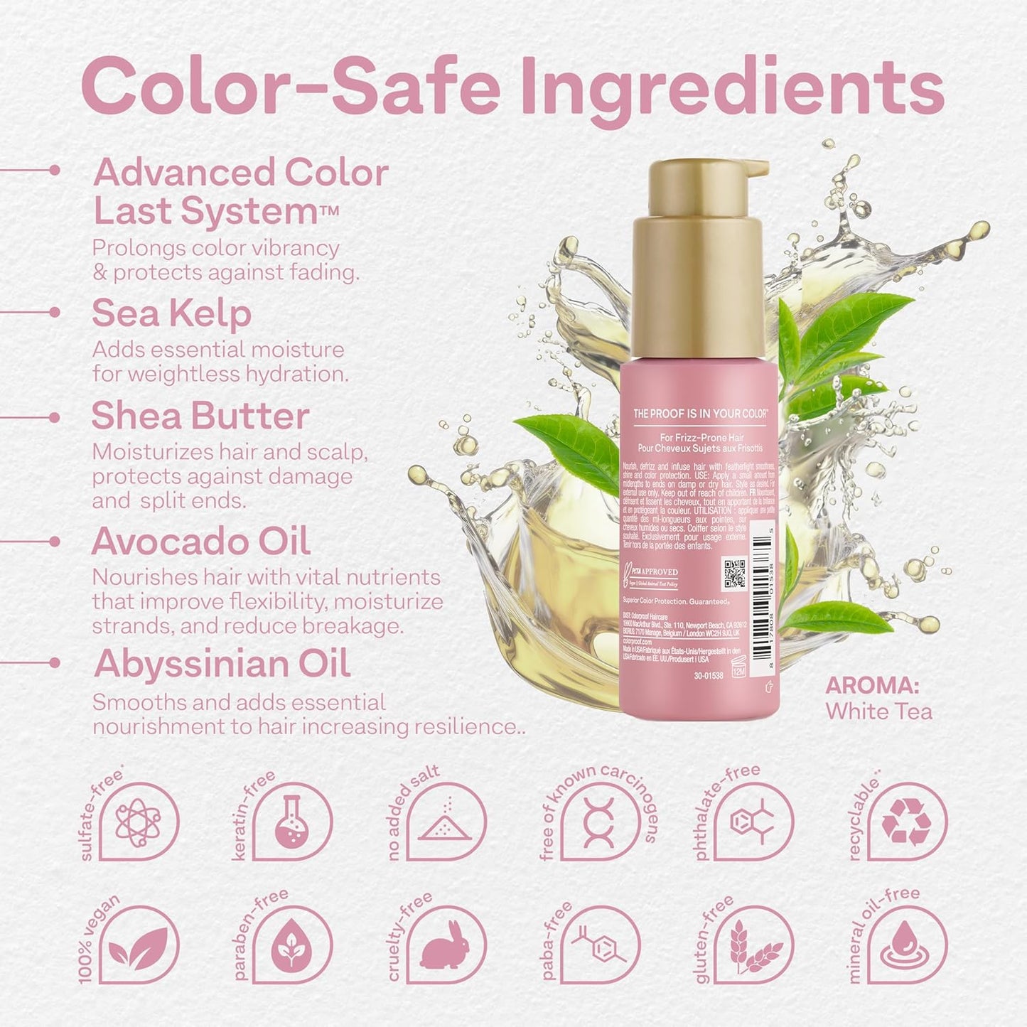 Colorproof Smooth Drops - 1.86 Fl. Oz. Non-Greasy Anti-Frizz Hair Drops | Humidity-Resistant & Color Protecting, White Tea Scent
