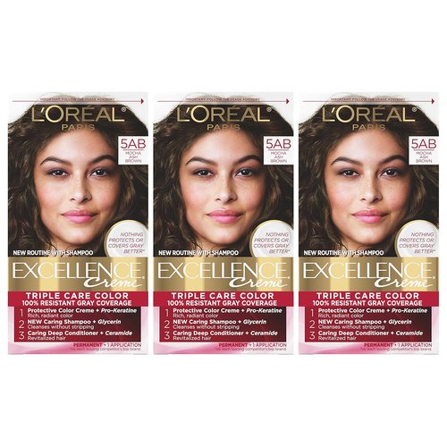 L'Oreal Paris Excellence Creme Hair Color - 5AB Mocha Ash Brown | 100% Gray Coverage, Pack of 3
