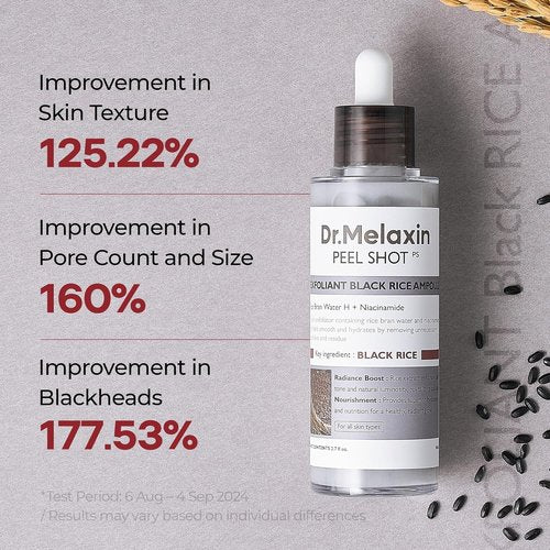 Dr. Melaxin Peel Shot Glow Black Rice Peeling Ampoule - Gentle Exfoliating Serum with AHA & BHA, 2.71 fl. oz.