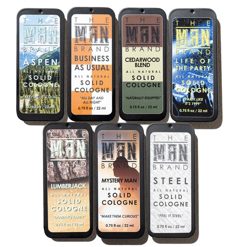 Mens Sample Solid Cologne Pack with Aspen, Lumberjack, Cedarwood Blend, Mystery Man, Life of the Party, Steel, and Business as Usual (Play Daily Solid Cologne Sampler Set - 7 Pack - 0.75 oz each)