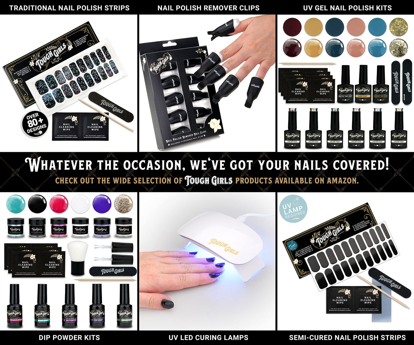 TOUGH GIRLS | 20 Exquisite Gel Nail Polish Strips w/Application Accessories - No UV/LED Lamp Required (Turquoise, Silver Glitter & Gold Lines)