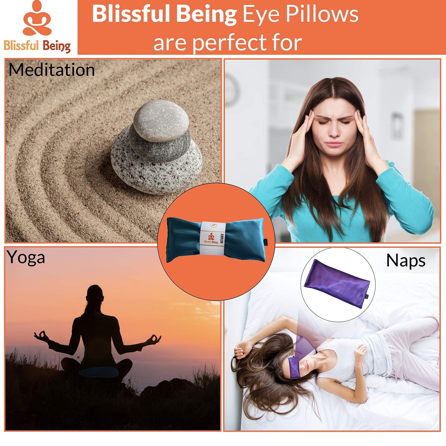 Blissful Being Lavender Eye Pillow with Purple Satin Cover- Hot or Cold Aromatherapy Eye Pillow perfect for Naps, Yoga, Meditation - Natural Relaxation (Aqua with purple cover bundle)
