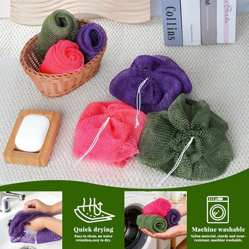 African Net Sponge - Exfoliating Bath Scrubber Set | 3 Pieces for All Skin Types - Gentle Loofah in Purple, Pink, Dark Green