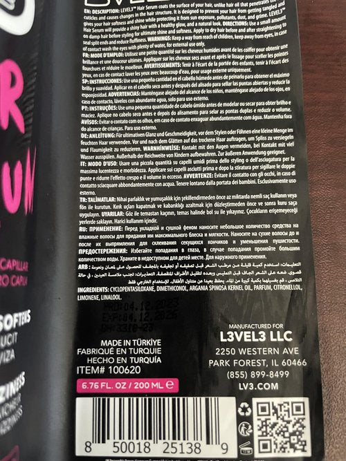 Level 3 Hair Serum - Repairs Your Damaged Hair - Softens and Smoothing - Level Three Hair Smoothing Serum - Reduces Frizziness L3