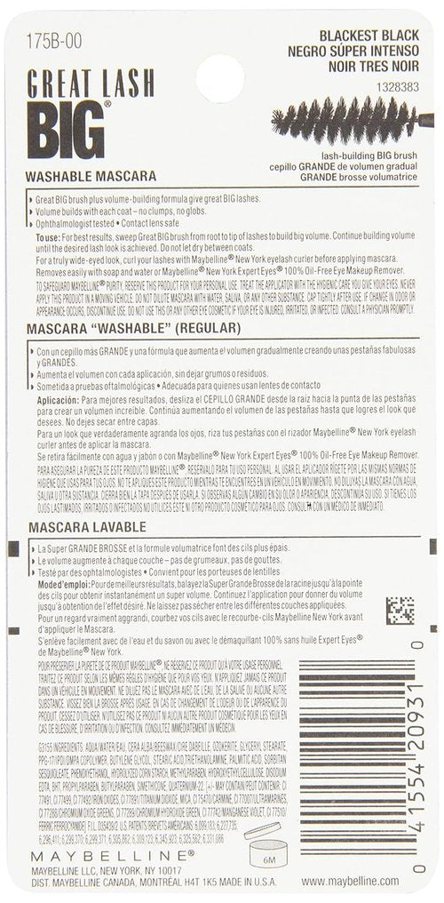 Maybelline New York Great Lash Big Mascara - Blackest Black, 0.34 Fl Oz | Volumizing Formula