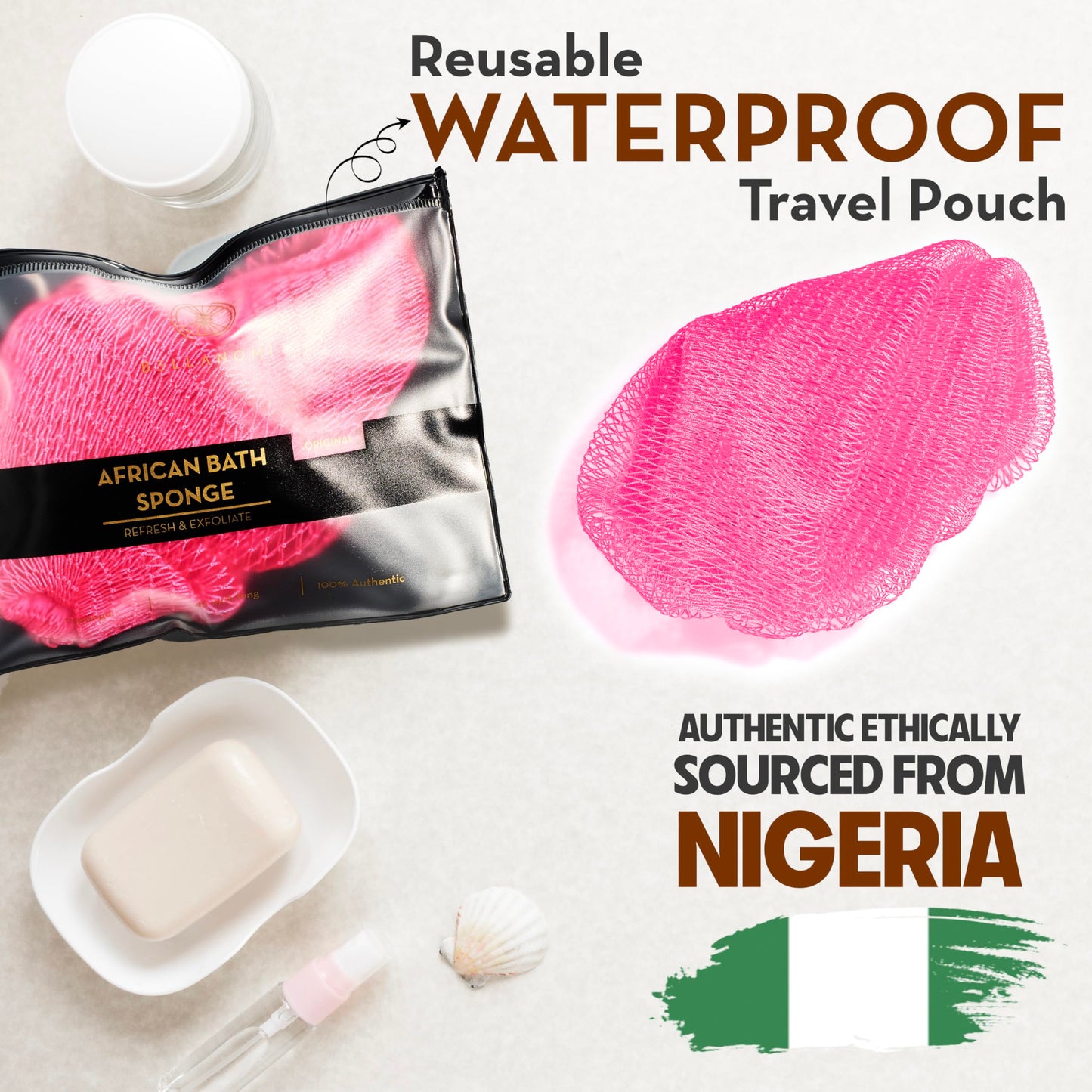 BELLANOMI African Exfoliating Net Sponge, Authentic, Ethically sourced from Nigeria, 45 inches Long, Back Scrubber for Daily use (Pink)