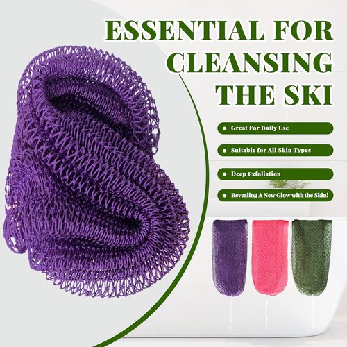 African Net Sponge - Exfoliating Bath Scrubber Set | 3 Pieces for All Skin Types - Gentle Loofah in Purple, Pink, Dark Green