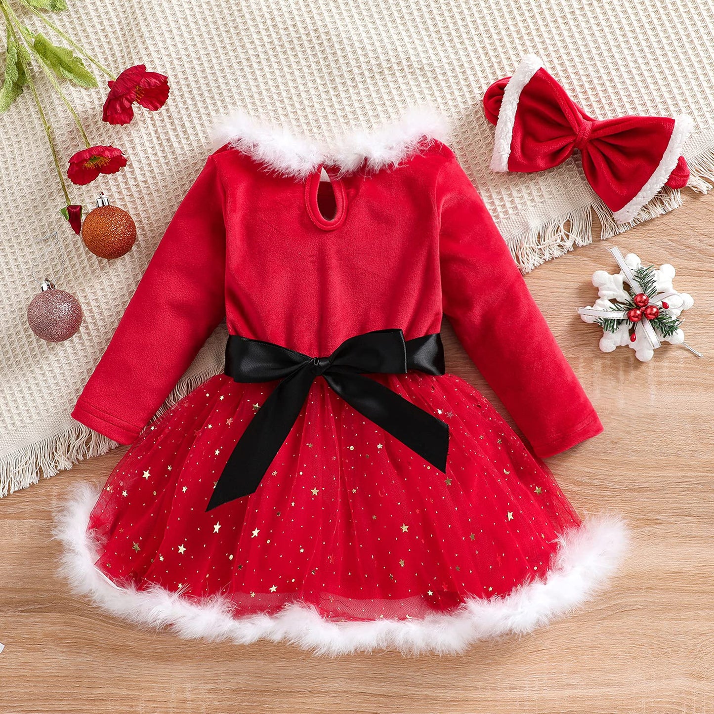 Baby Girls Christmas Dress Velvet Santa Claus Romper Dress Long Sleeve Plush Xmas Princess Party Cosplay Costume Dress (A-Red, 12-18 Months)