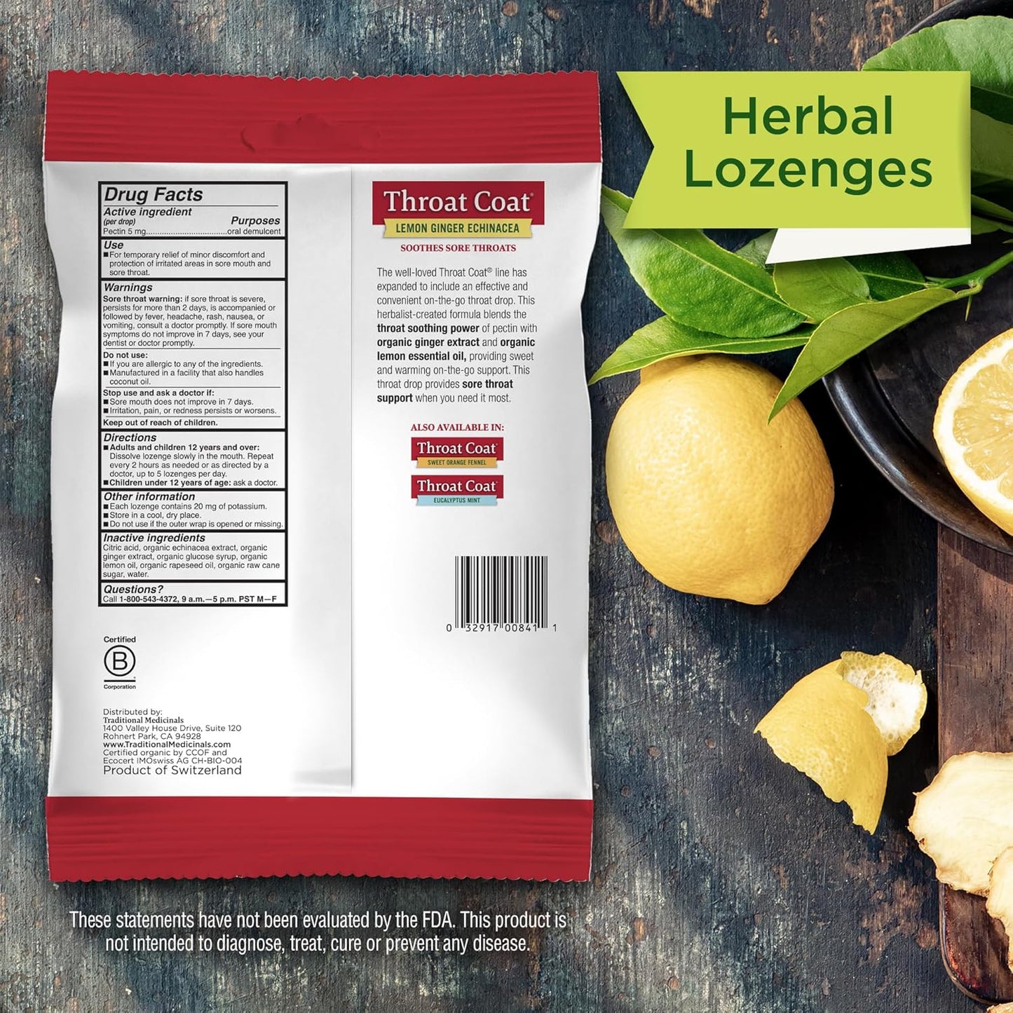 Traditional Medicinals Organic Throat Coat Lozenges - Lemon Ginger Echinacea for Sore Throat Relief | 30 Individually Wrapped