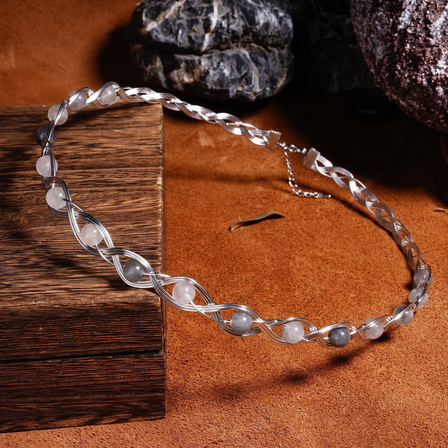 Coteeza Silver Braided Viking Crown Fairy Circlet Elf Headband Back and White Clouds Beads Adjustable Vintage Accesssories Cosplay Costume Tiara for Renaissance Party Photoshoot Props