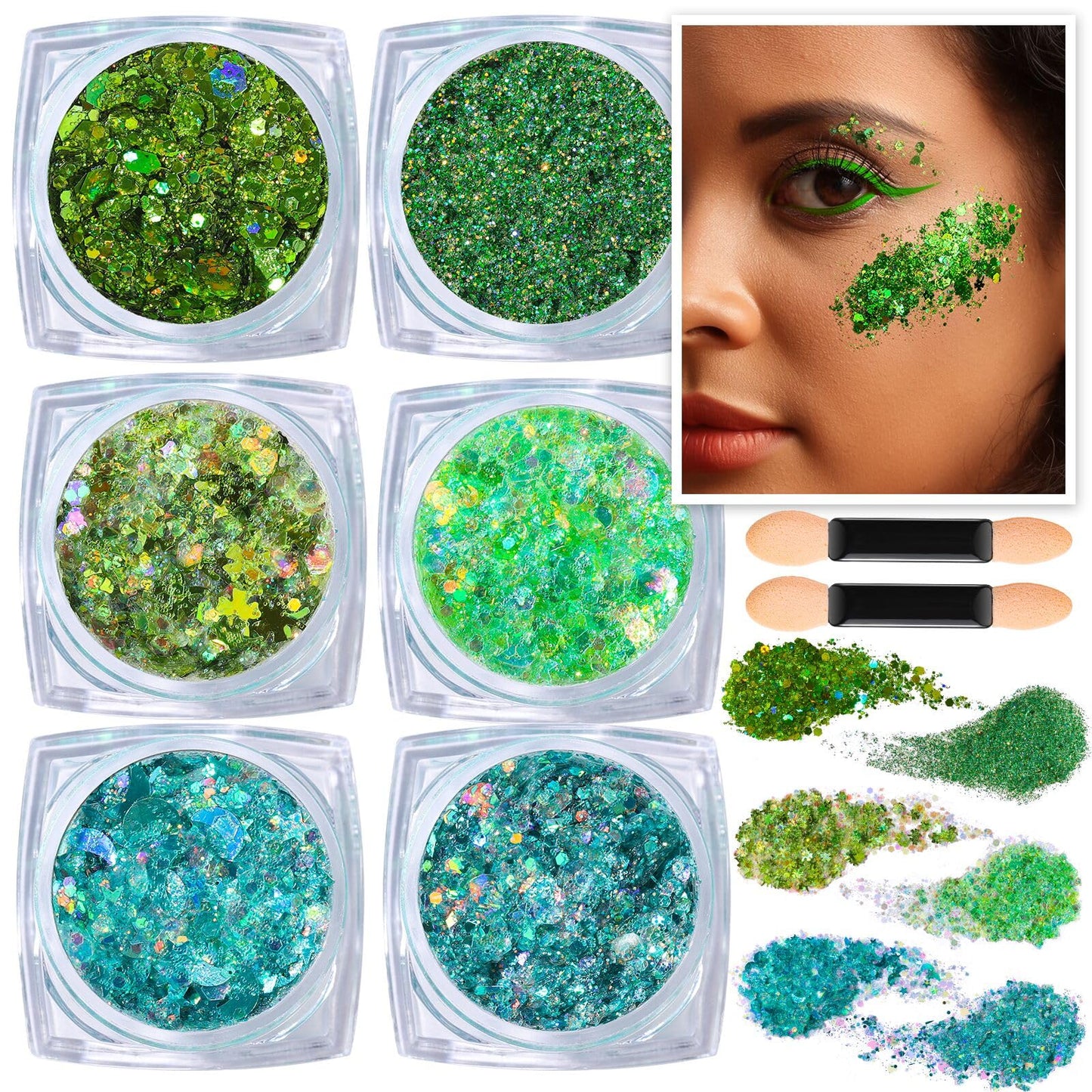 Teenitor Green Face Glitter, 6 Shapes Face and Body Glitter, Hair Glitter Gel, Body Glitter Gel for Festival Makeup, Makeup Glitter for Face, Body, Hair