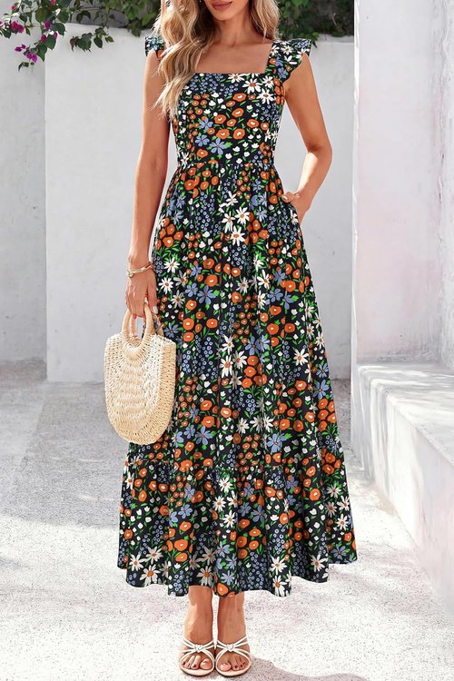 Dowerme Women's Floral Boho Midi Dress - Ruffle Sleeve, Square Neck, Perfect for Spring Beach Parties