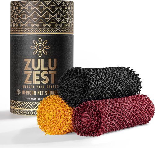 Authentic African Net Sponge - 3-Pack Exfoliating Mesh Bath Scrubber for All Skin Types | Quick Dry & Durable (Black, Yellow, Red)