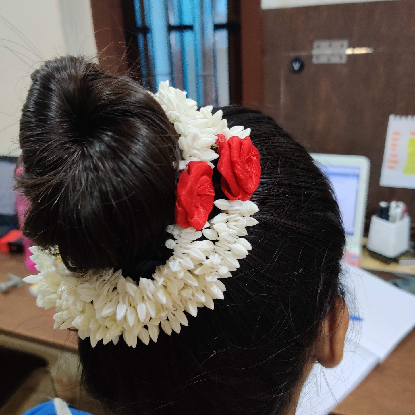 Preetty Charming Artificial Hair Gajra with red flower, 6 strings