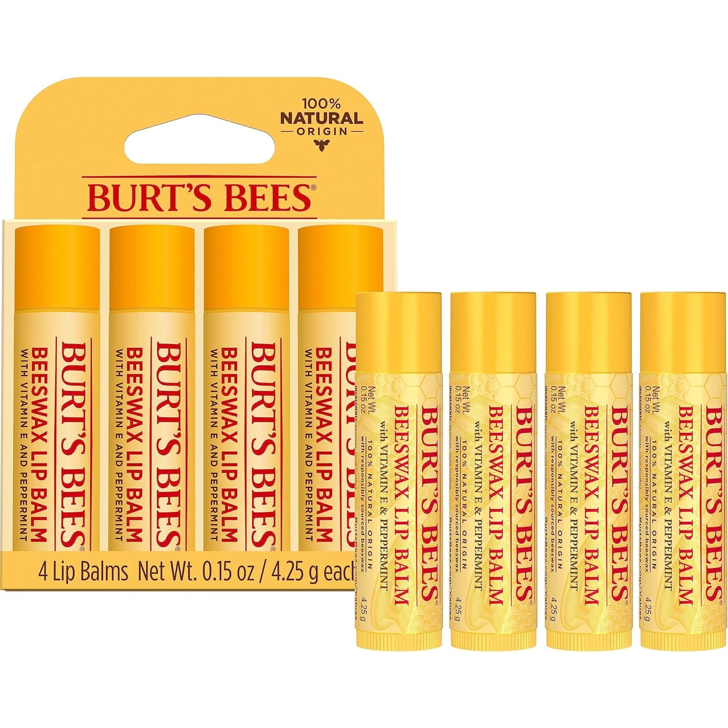 Burt's Bees Lip Balm - Original Beeswax, Lip Moisturizer With Responsibly Sourced Beeswax, Tint-Free, Natural Origin Conditioning Treatment, 4 Tubes, 0.15 oz.