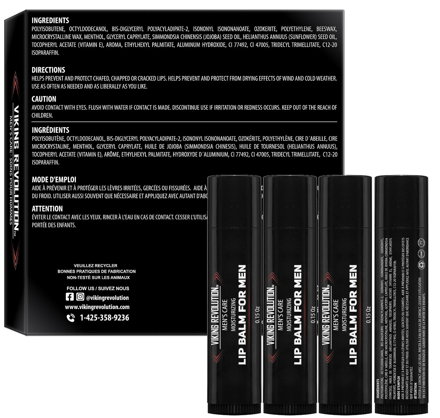 Viking Revolution All Natural Lip Balm for Men - Moisturizer for Dry, Cracked, Chapped Lips with Menthol, Vitamin E - Gifts for Men (4 Pack)