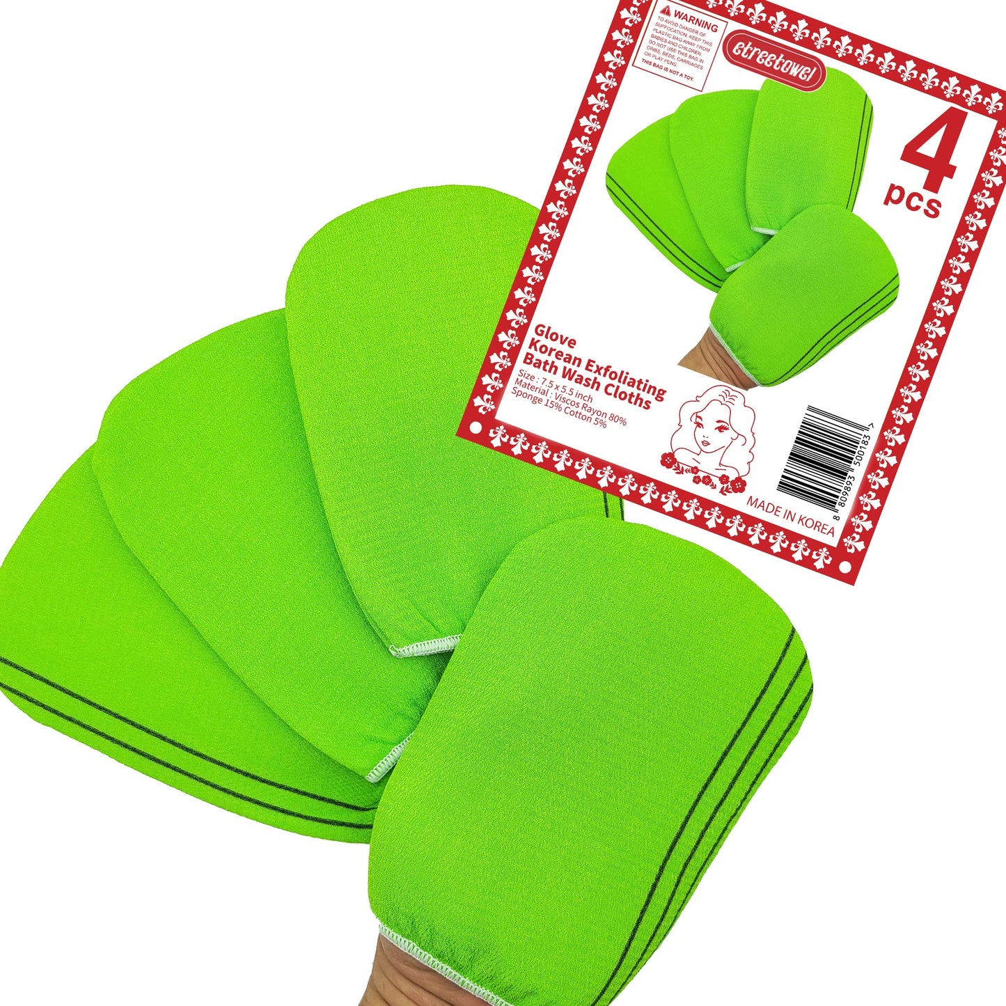 etreetowel Korean Asian Exfoliating Bath Washcloths Mitt Scrub for Body washcloth Glove Premium Viscose Rayon Towel Korea Made(4 pcs of Glove Exfoliating Mitts)