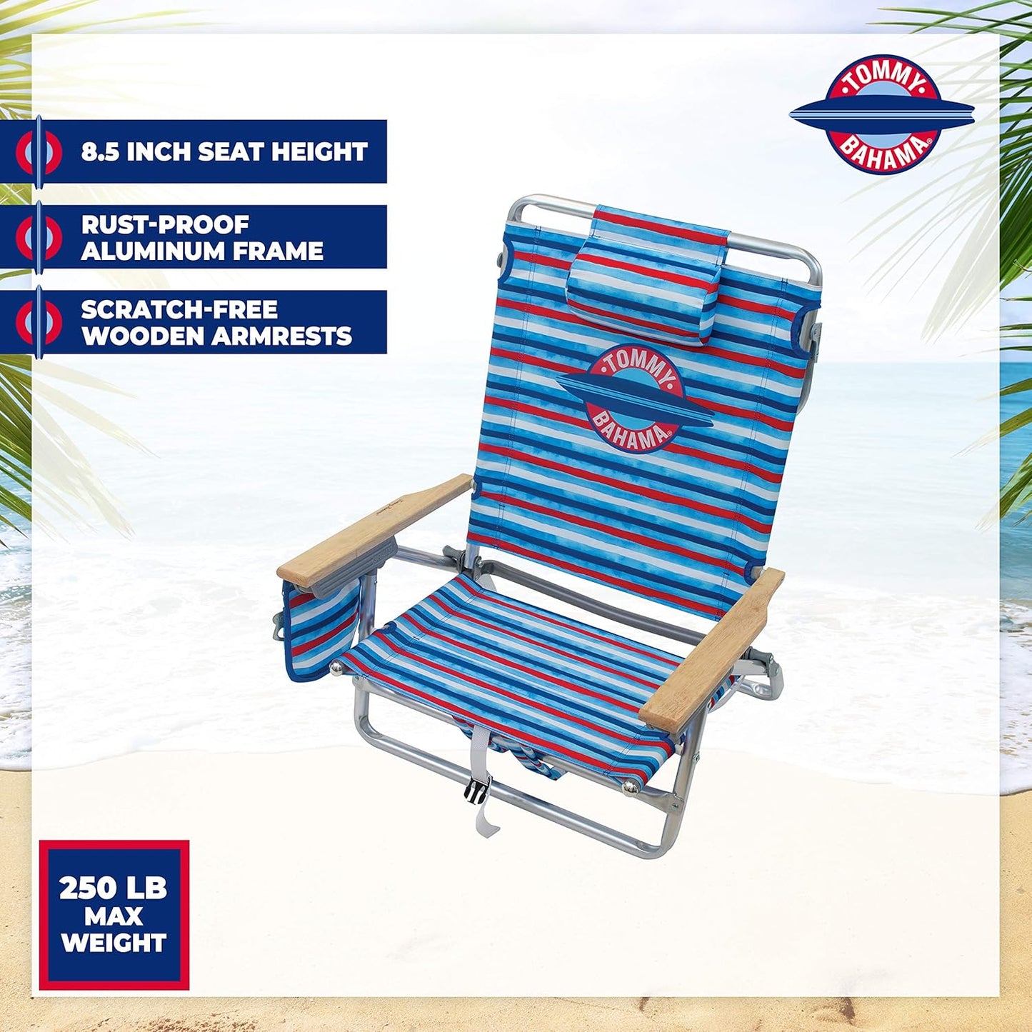 Tommy Bahama Folding Beach Chair - 5-Position Lay Flat Design | Aluminum Frame, Red, White & Blue Stripe