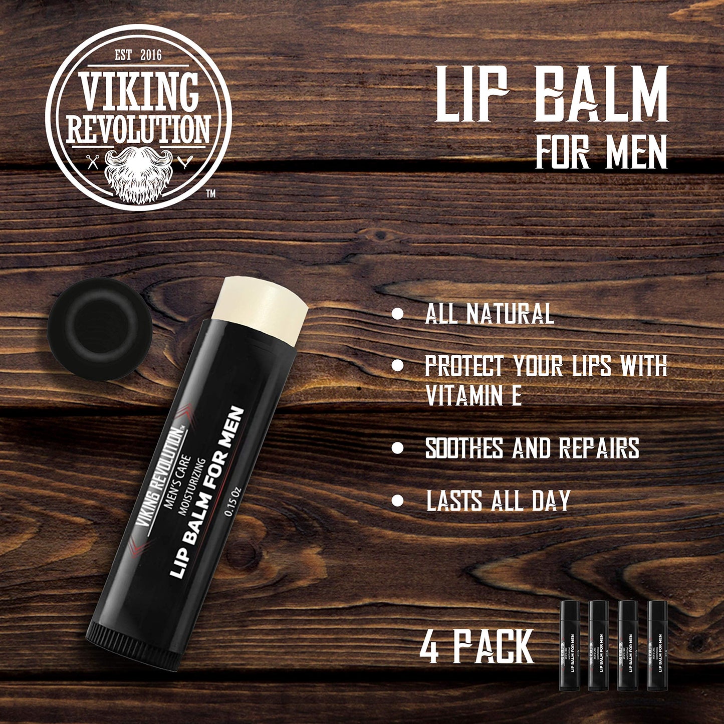 Viking Revolution All Natural Lip Balm for Men - Moisturizer for Dry, Cracked, Chapped Lips with Menthol, Vitamin E - Gifts for Men (4 Pack)